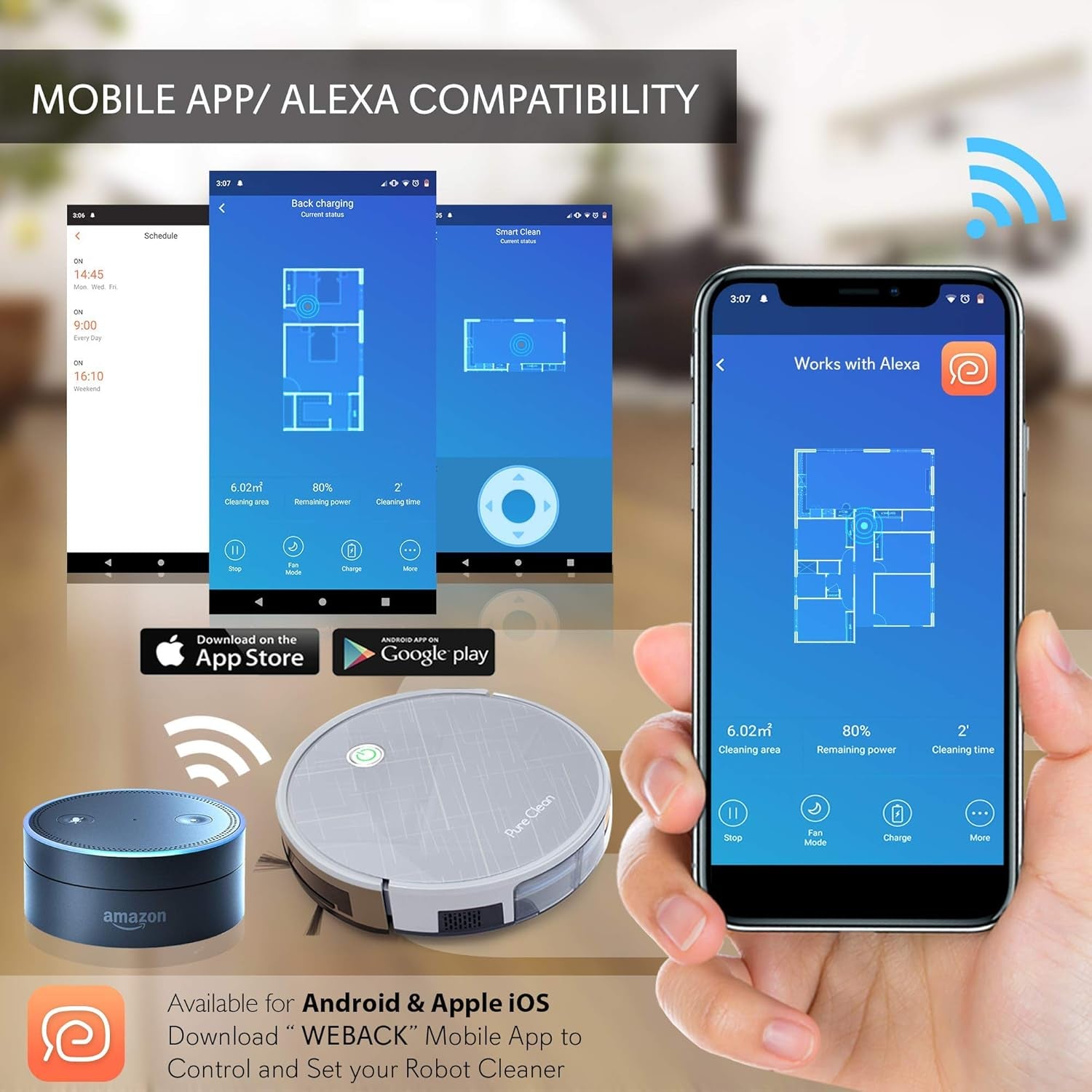 Pureclean Smart Gyroscope Robot Vacuum Cleaner - Multiroom Navigation Mobile App Control and Alexa Compatible - Auto Charge Dock, 3 Step Air Filter - Cleans Hardwood and Carpet Floor PUCRC660