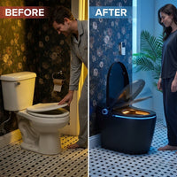 Black Smart Toilet with Advance Bidet and Auto-Open Lid, Soft-Closing Heat Seat, Tankless Auto Dual Flush, Massage Clean, Warm Wash/Dryer, Remote Control — Before & After