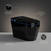 Black Smart Toilet with Advance Bidet and Auto-Open Lid, Soft-Closing Heat Seat, Tankless Auto Dual Flush, Massage Clean, Warm Wash/Dryer, Remote Control — infographic