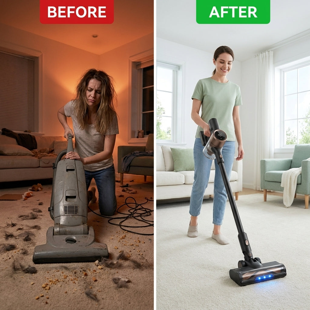 Z20 Cordless Vacuum Cleaner, Smart Vacuum Cleaner with 250AW Powerful Suction, up to 90 Minutes Runtime, Versatile for All Surfaces, Handheld Feature for Hard Floors, Carpets & Sofas | up to 90 Minutes Runtime, Versatile for All Surfaces, Handheld Feature — Before & After