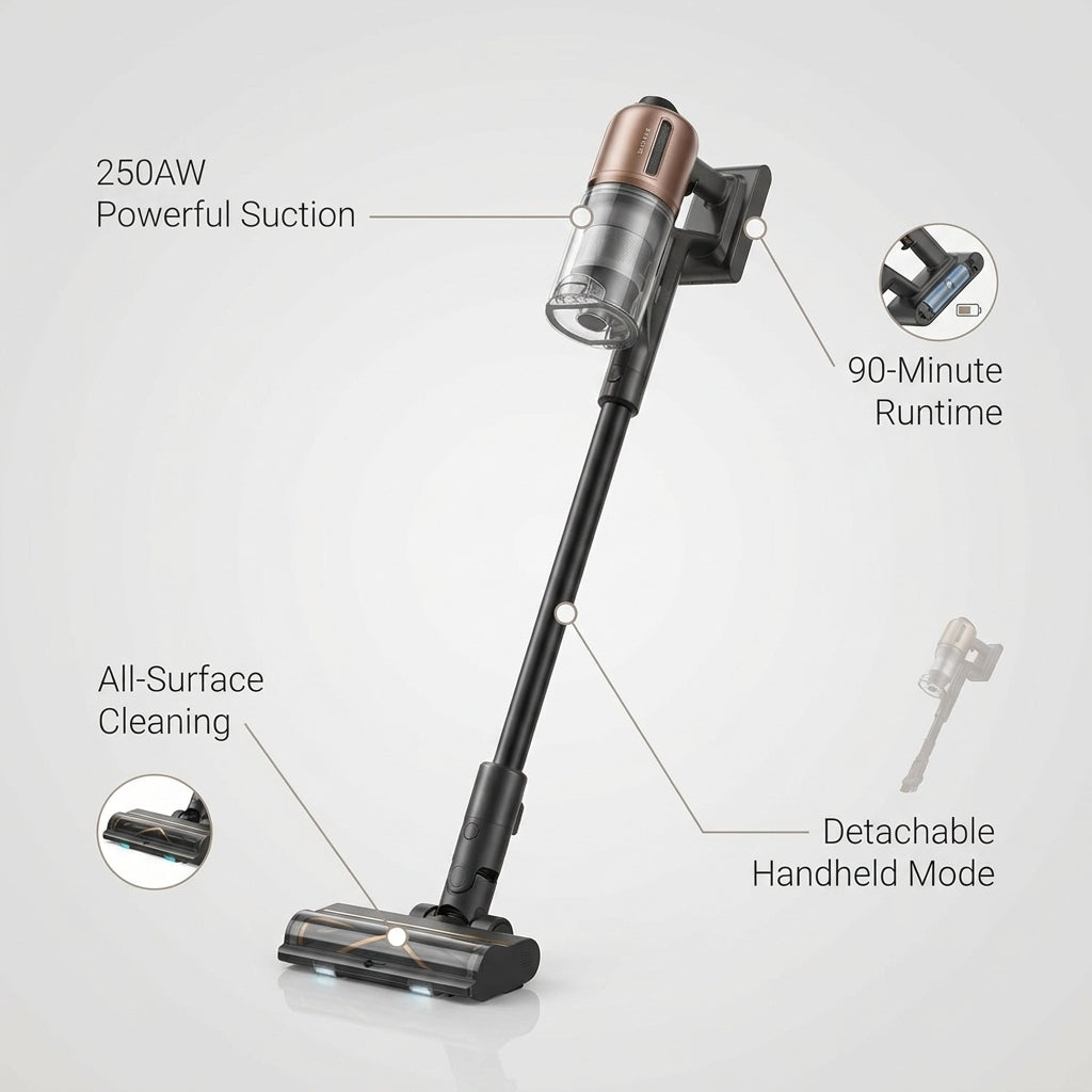 Z20 Cordless Vacuum Cleaner, Smart Vacuum Cleaner with 250AW Powerful Suction, up to 90 Minutes Runtime, Versatile for All Surfaces, Handheld Feature for Hard Floors, Carpets & Sofas | up to 90 Minutes Runtime, Versatile for All Surfaces, Handheld Feature — infographic