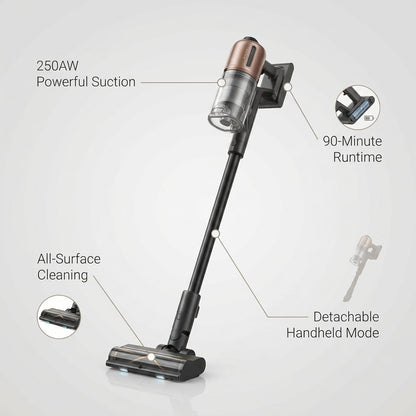 Z20 Cordless Vacuum Cleaner, Smart Vacuum Cleaner with 250AW Powerful Suction, up to 90 Minutes Runtime, Versatile for All Surfaces, Handheld Feature for Hard Floors, Carpets & Sofas | up to 90 Minutes Runtime, Versatile for All Surfaces, Handheld Feature — infographic