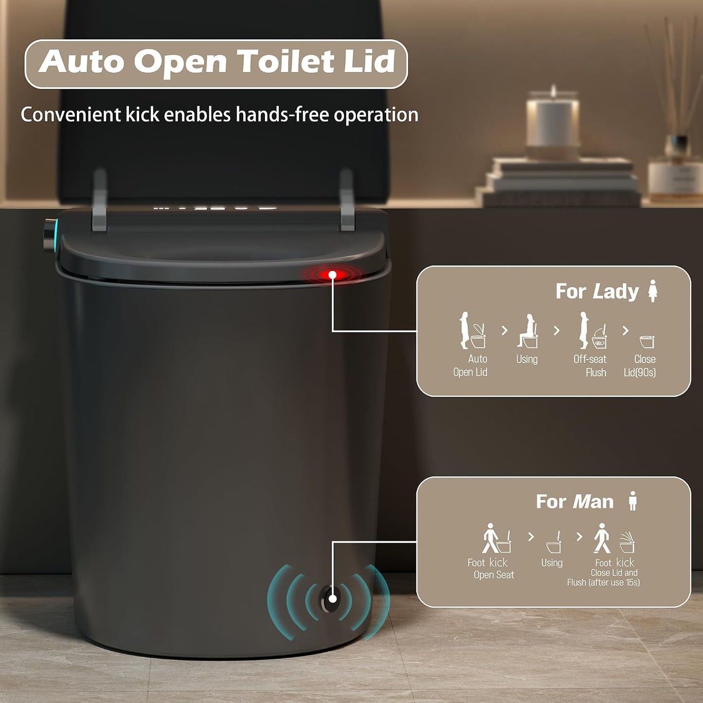 Smart Toilet with Bidet Built In, ADA One-Piece Toilet Auto Open/Close & Flush, Heated Seat, Front & Rear Wash, LED Display, Night Light, 12-Inch Rough-In (Matte Grey)