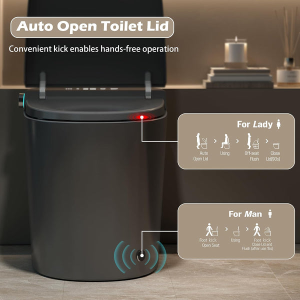 Smart Toilet with Bidet Built In, ADA One-Piece Toilet Auto Open/Close & Flush, Heated Seat, Front & Rear Wash, LED Display, Night Light, 12-Inch Rough-In (Matte Grey)